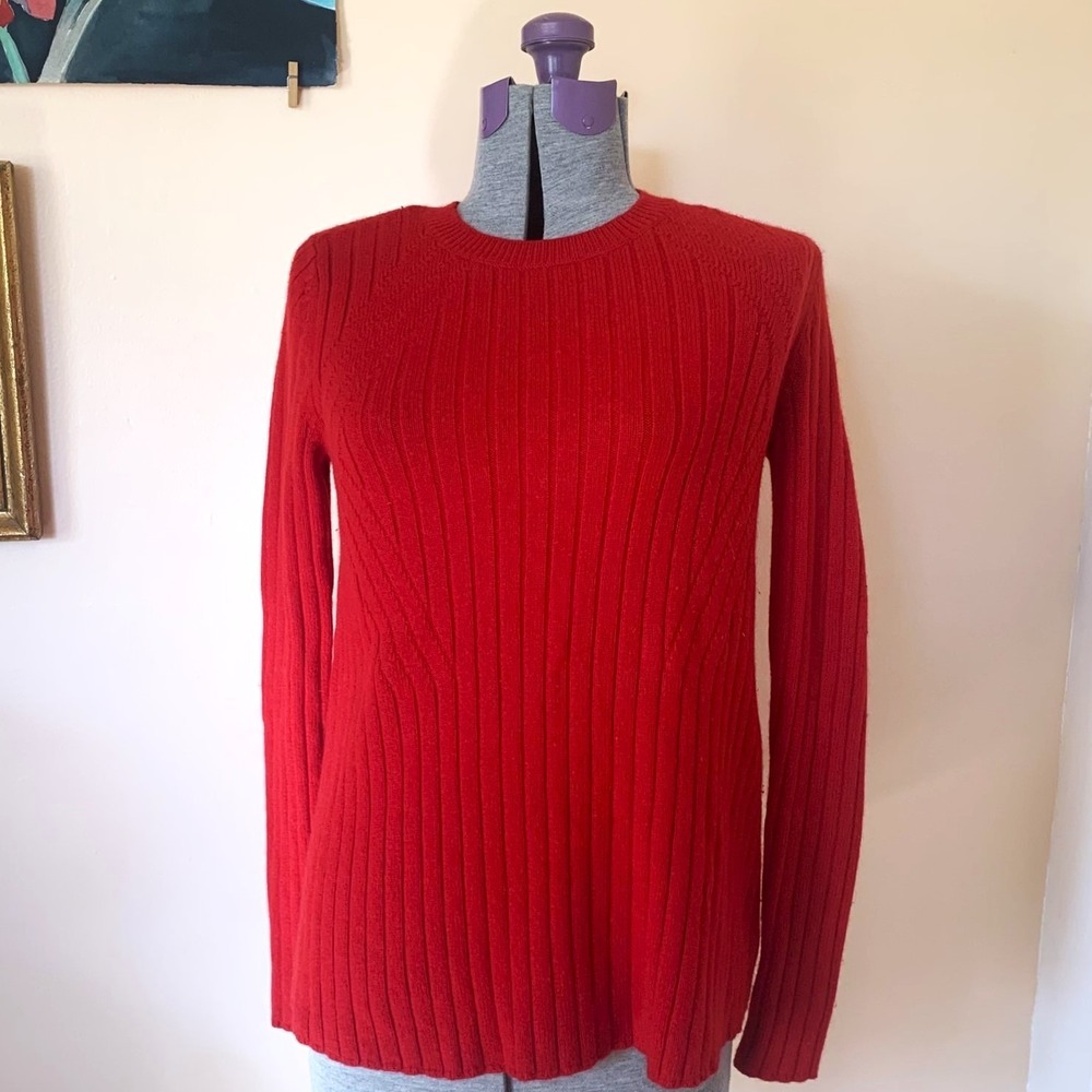 Theory‎ Wool Cashmere Red Ribbed Diamond Knit Crewneck Sweater Flare Hem S